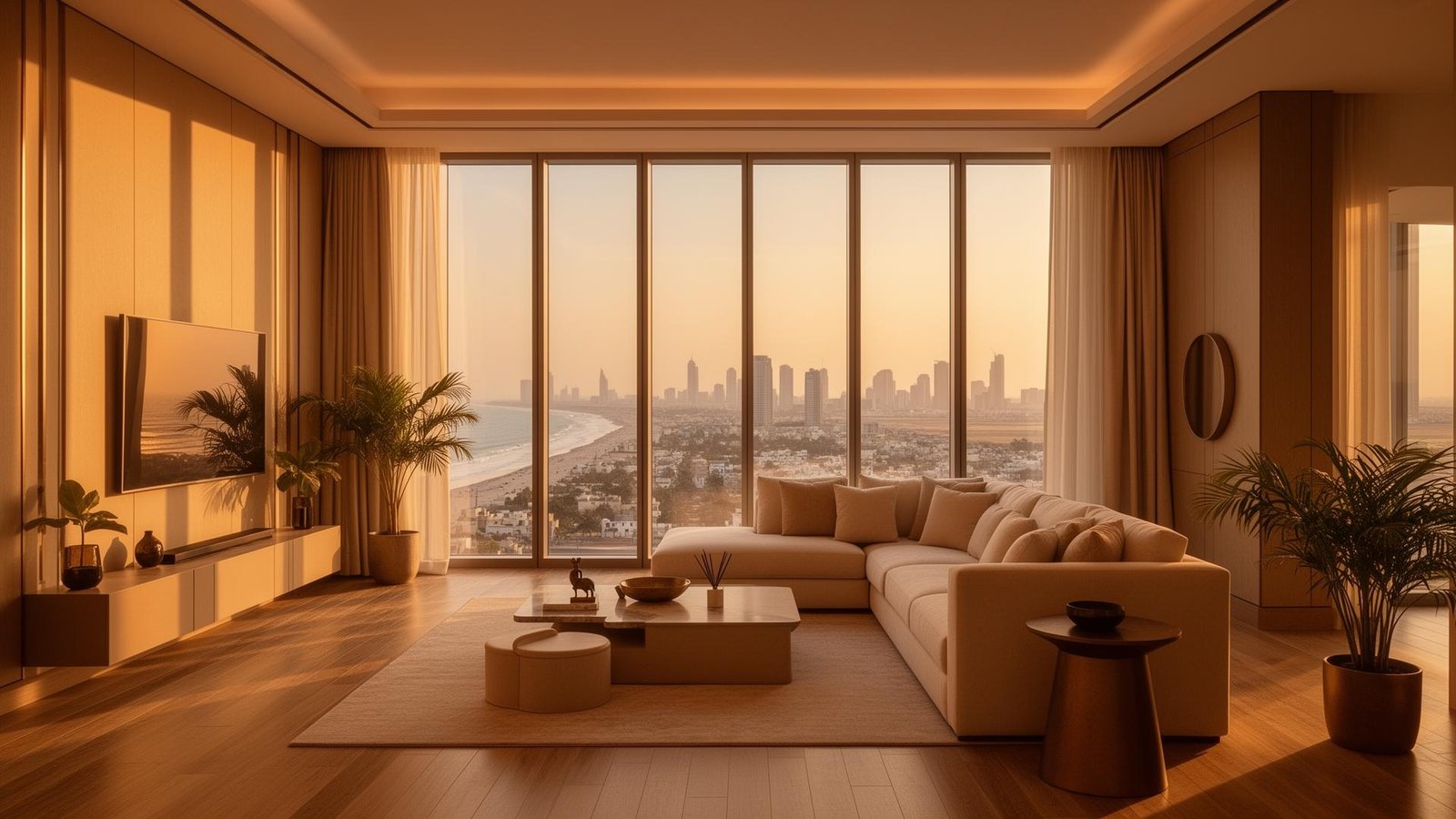 Luxury Karachi apartment living room at sunset